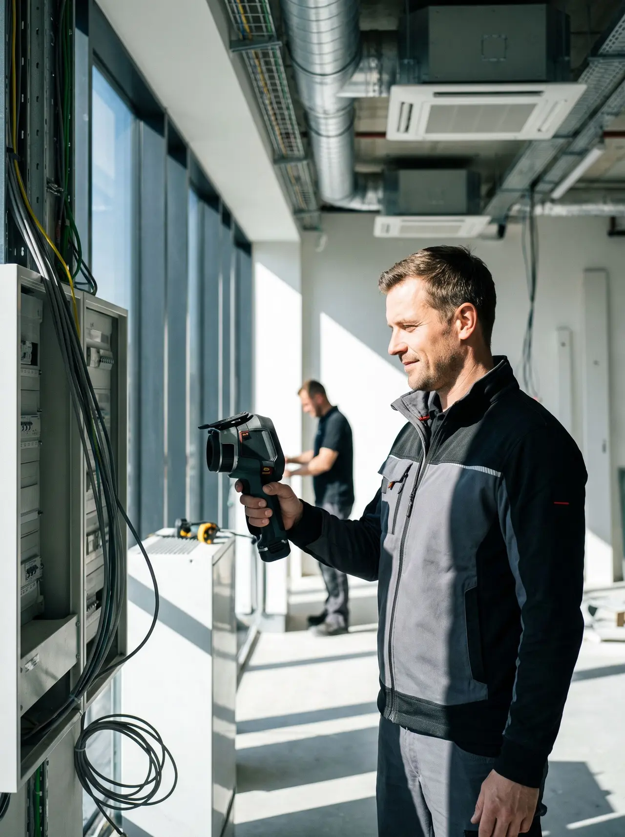 Un chef d’équipe inspecte un tableau électrique avec une caméra thermique sur un chantier de second œuvre.