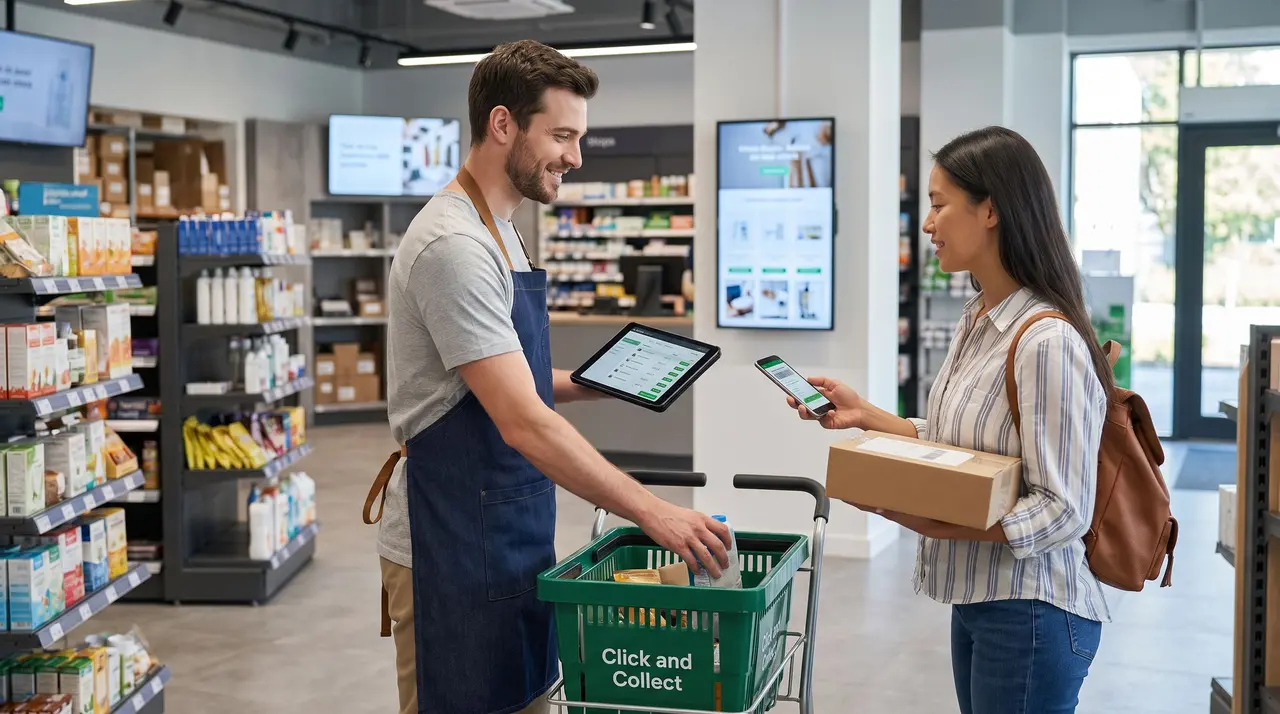 Un collaborateur en magasin assiste une cliente lors du retrait d'une commande en click and collect.