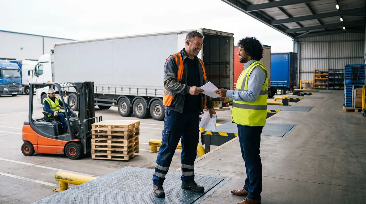 Deux professionnels du transport et de la logistique échangent des documents sur un quai de chargement.