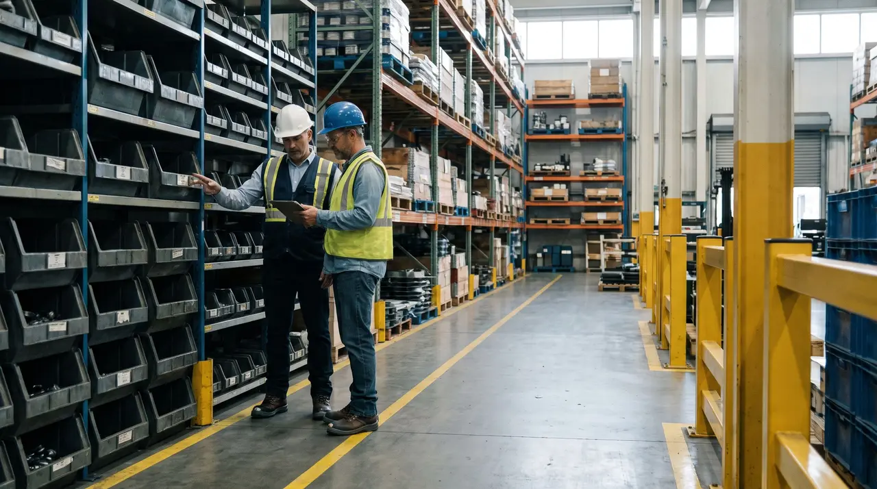 Un approvisionneur et une technicienne d'ordonnancement vérifient des bacs de stockage dans un entrepôt.