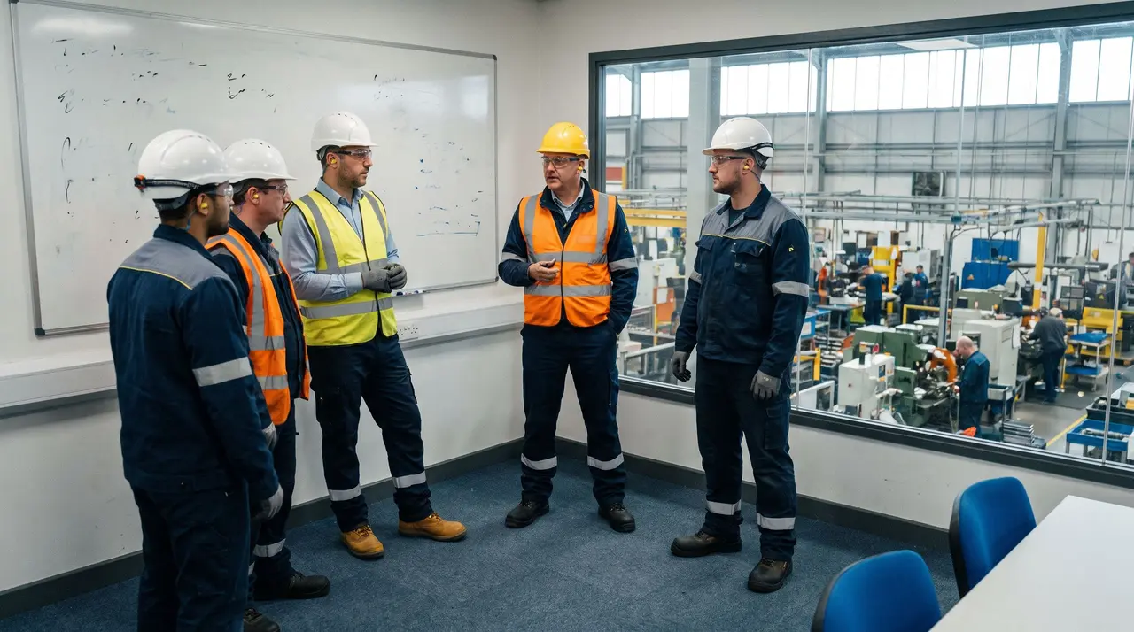 Cinq professionnels de l'industrie en équipement de sécurité échangent devant un atelier de production.