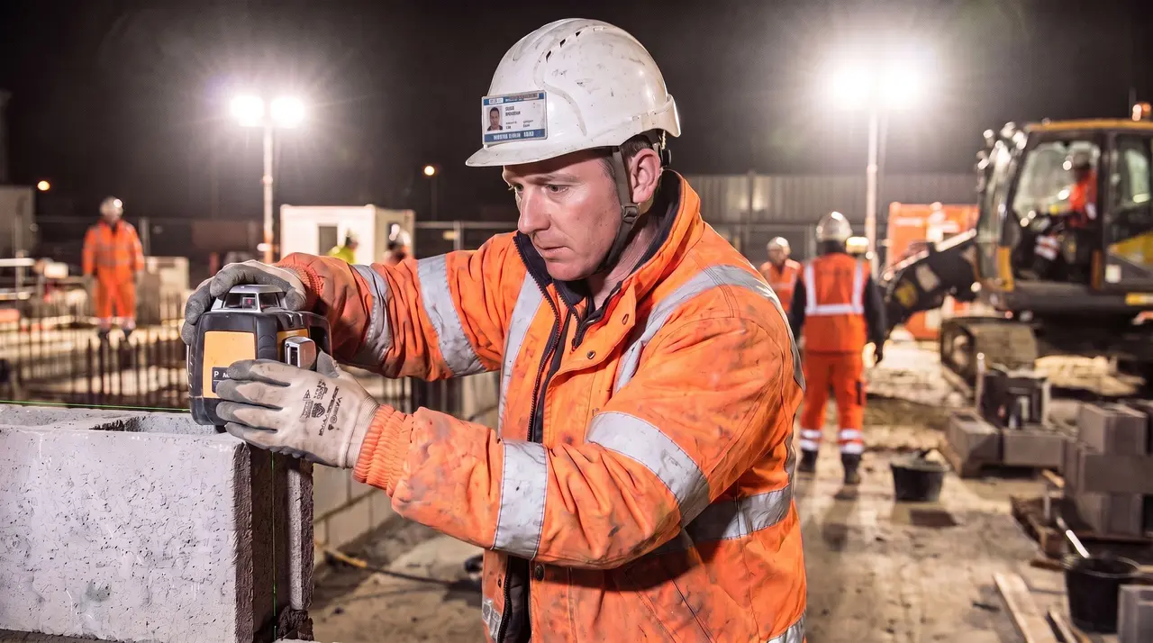 Un ouvrier en tenue haute visibilité et casque avec badge ajuste un niveau laser sur un chantier de nuit.