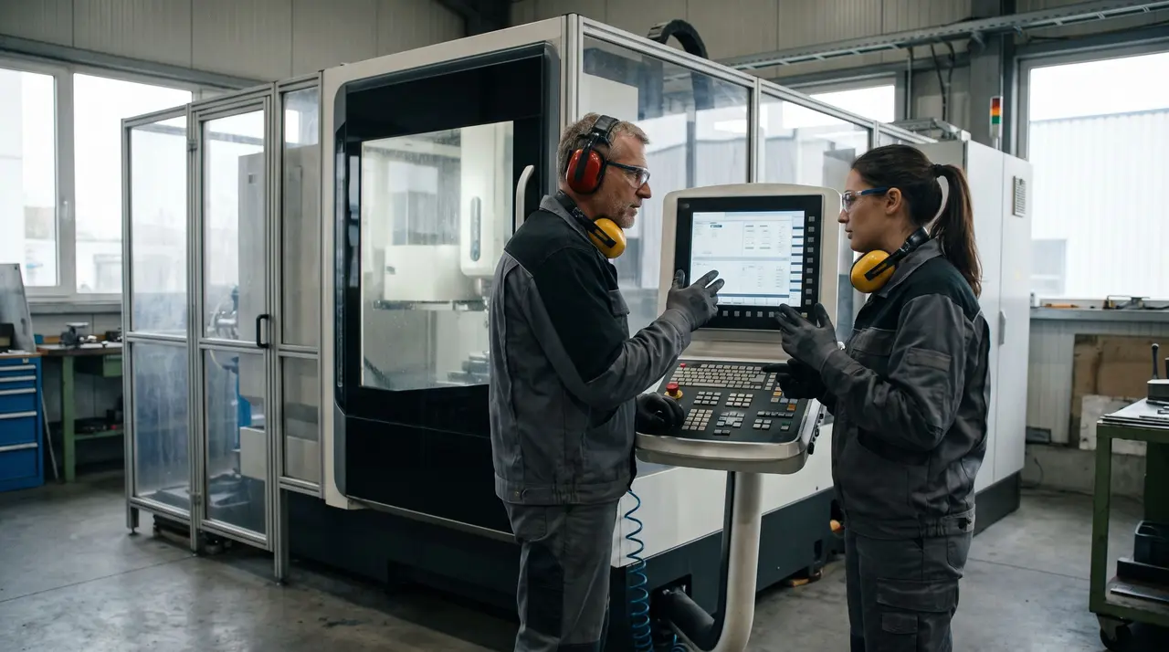 Un régleur expérimenté forme une technicienne devant l'écran de contrôle d'une cellule robotisée.