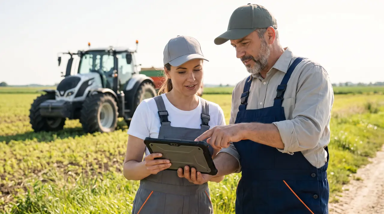 Un responsable d'exploitation accompagne une salariée agricole dans la prise en main d'une tablette sur le terrain.