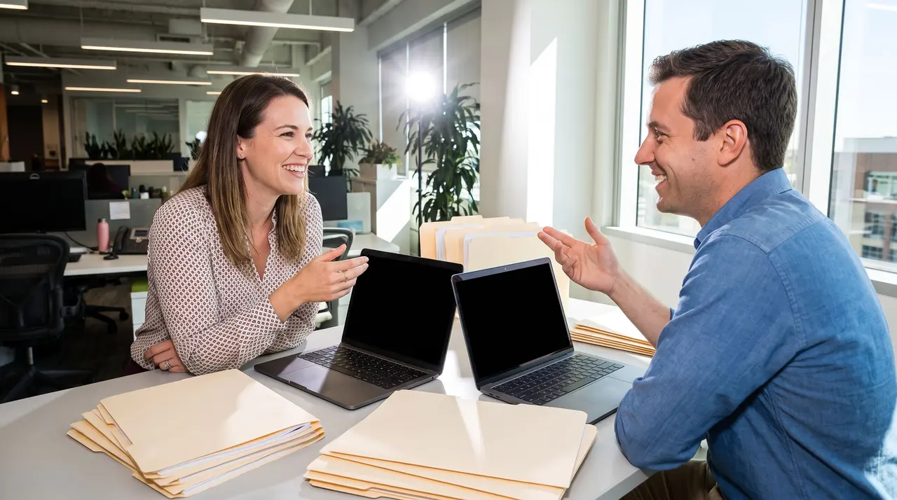 Une chargée de recrutement et un responsable formation préparent le suivi d'une formation.