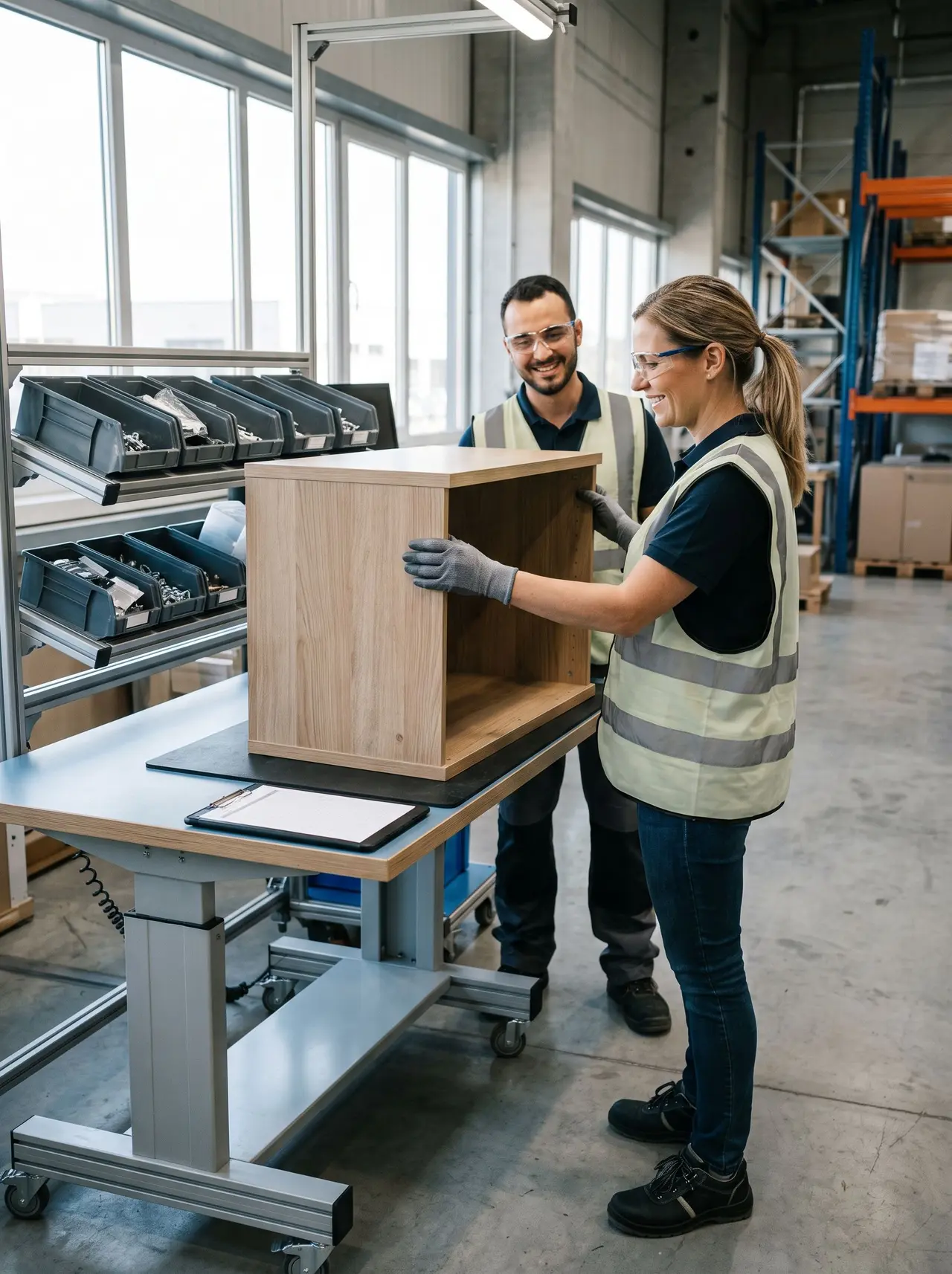 Une contrôleuse qualité examine l’ajustement d’un module de mobilier en bois sur un poste de travail.