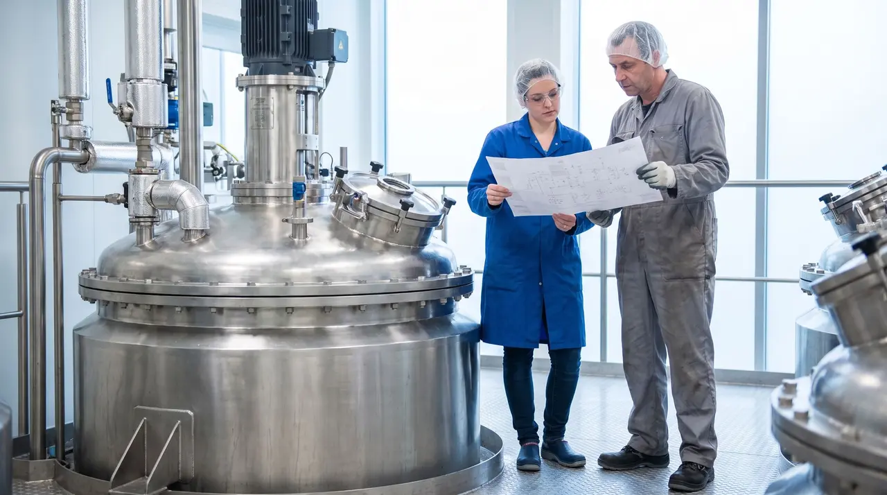 Une ingénieure procédés et un technicien de maintenance consultent un plan devant une cuve industrielle.