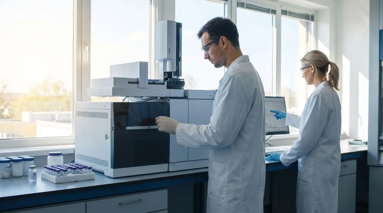 Deux techniciens de contrôle qualité en blouse blanche analysent des échantillons à l'aide d'un chromatographe.