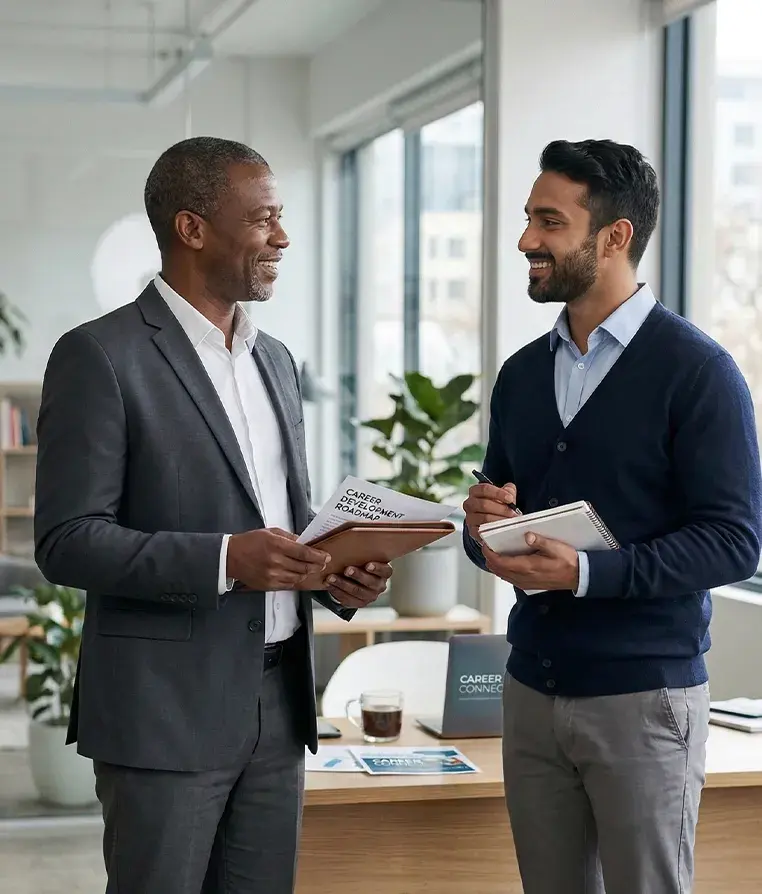 Un conseiller de recrutement et un candidat échangent avec le sourire sur un projet professionnel.