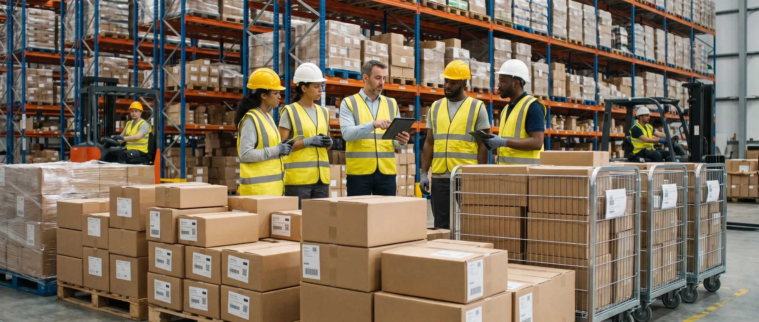 Des préparateurs de commandes en gilet de sécurité collaborent dans un entrepôt logistique.
