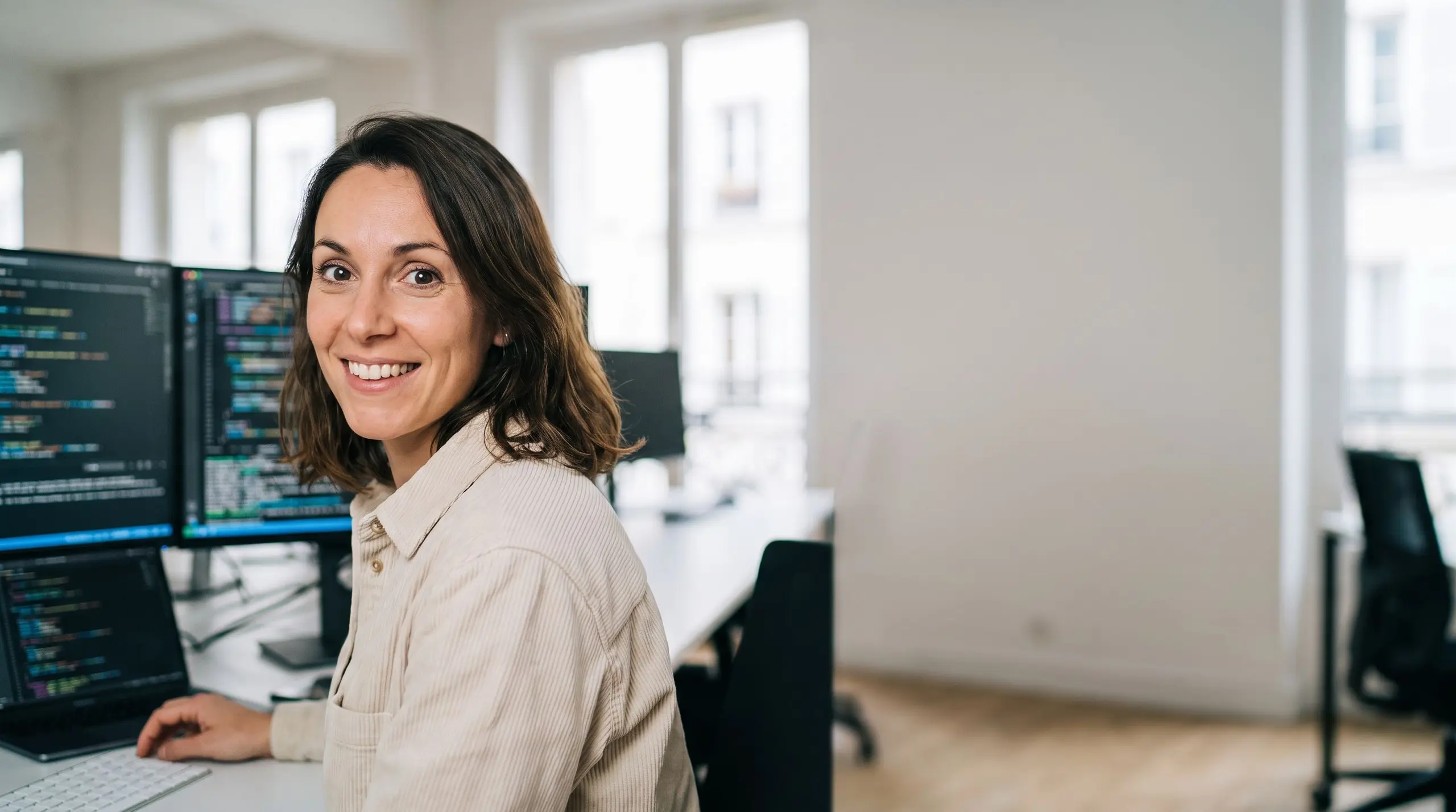 Une développeuse informatique souriante devant ses écrans de code dans un bureau moderne et lumineux.