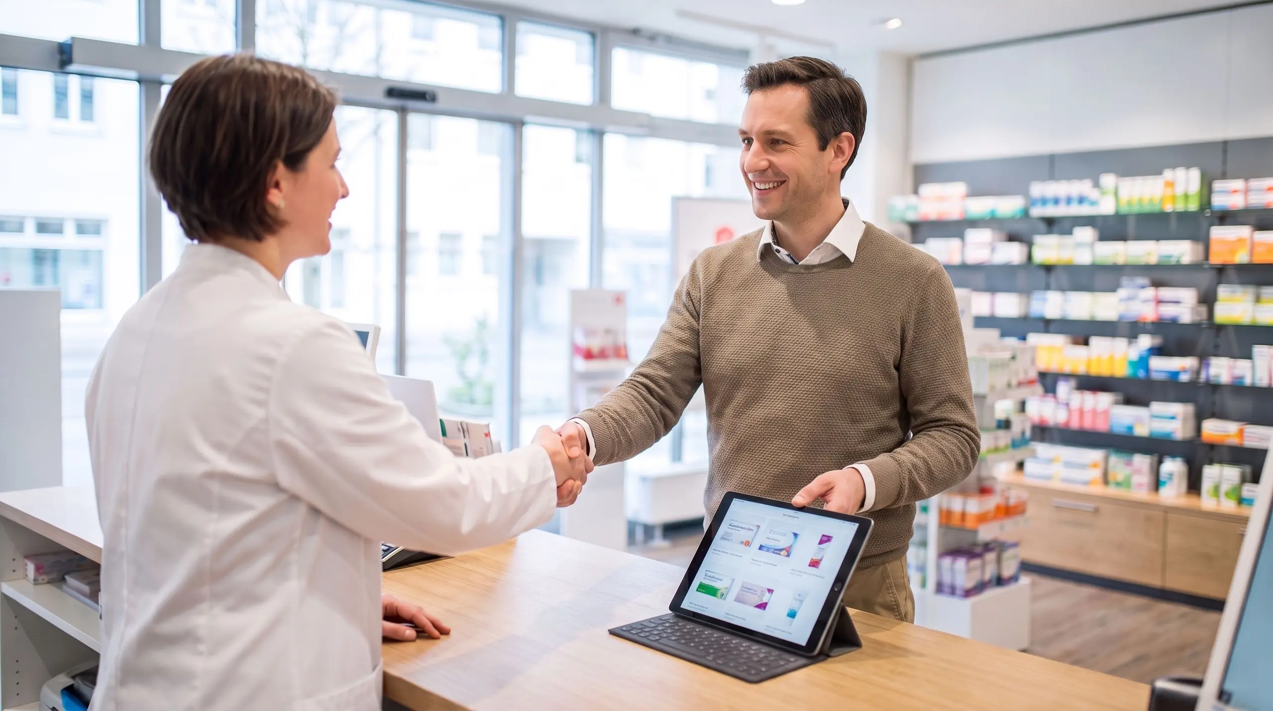 Un délégué pharmaceutique serre la main d'une pharmacienne au comptoir d'une officine.