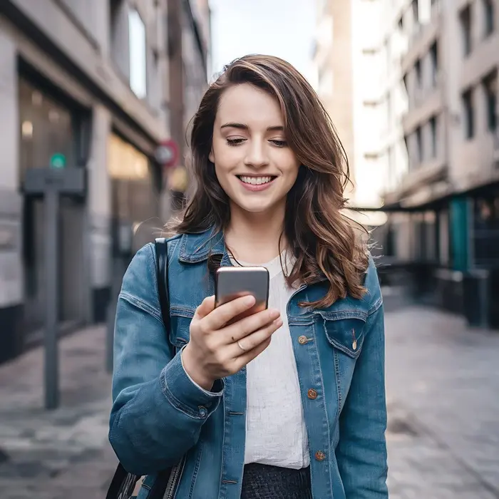 Une jeune femme souriante utilise son smartphone dans la rue pour sa recherche d'emploi.