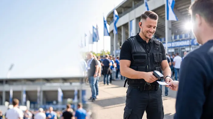 Un agent de sécurité d'événementiel contrôle un billet d'entrée à l'extérieur d'un stade.