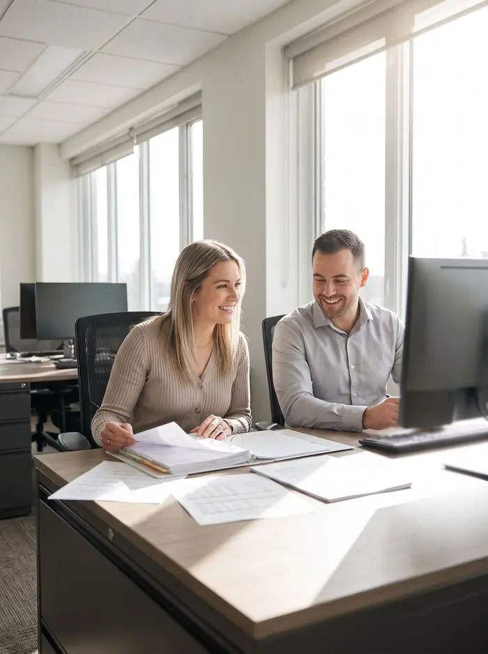Une assistante administrative et un comptable travaillent sur des documents dans un service de gestion.