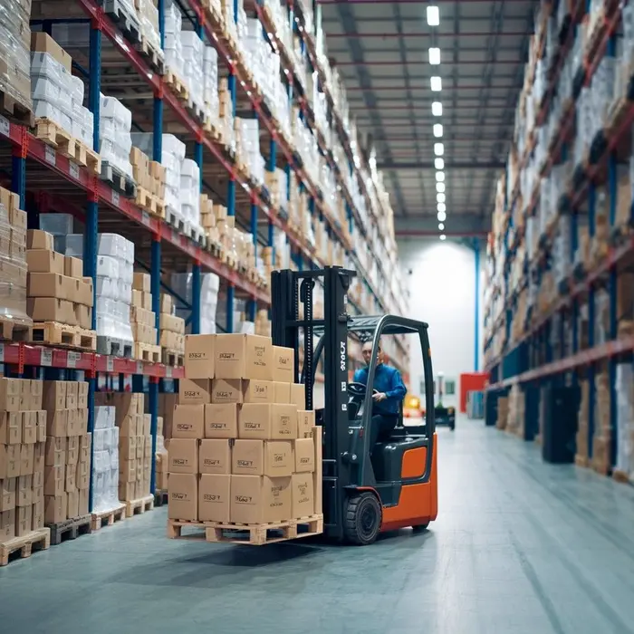 Un cariste manœuvre un chariot élévateur chargé de cartons dans un grand entrepôt logistique.