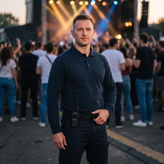 Un agent de sécurité en uniforme équipé d'une radio surveille un concert en plein air devant la foule.