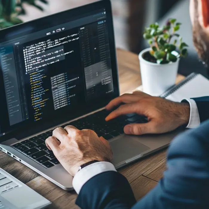 Un développeur informatique saisit des lignes de code sur son ordinateur portable.