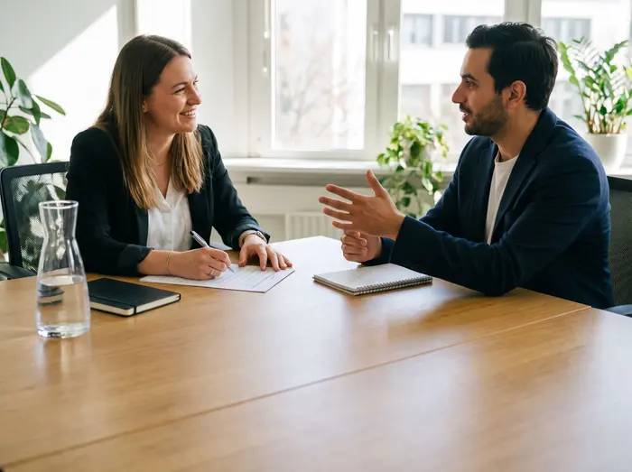 Une recruteuse et un candidat échangent lors d'un entretien de recrutement dans un bureau.