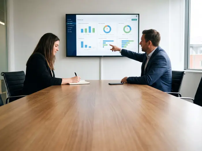 Une responsable de recrutement et un collaborateur analysent des données lors d'un point de suivi.