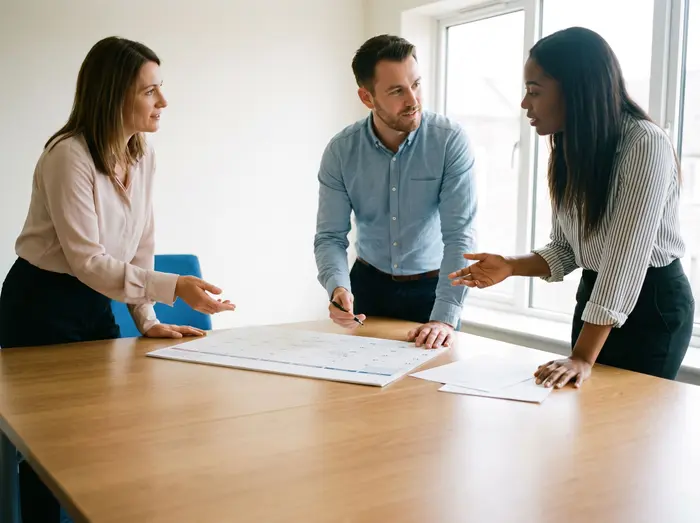 Une directrice RH et ses collaborateurs échangent autour d'un planning lors d'une réunion de cadrage.