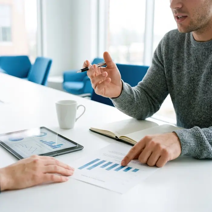 Présentation d'un processus de travail et analyse de graphiques lors d'un entretien professionnel.