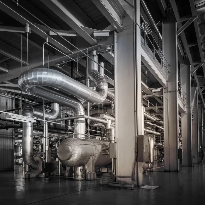 Réseau de tuyauteries métalliques et équipements techniques au sein d'un grand complexe industriel.
