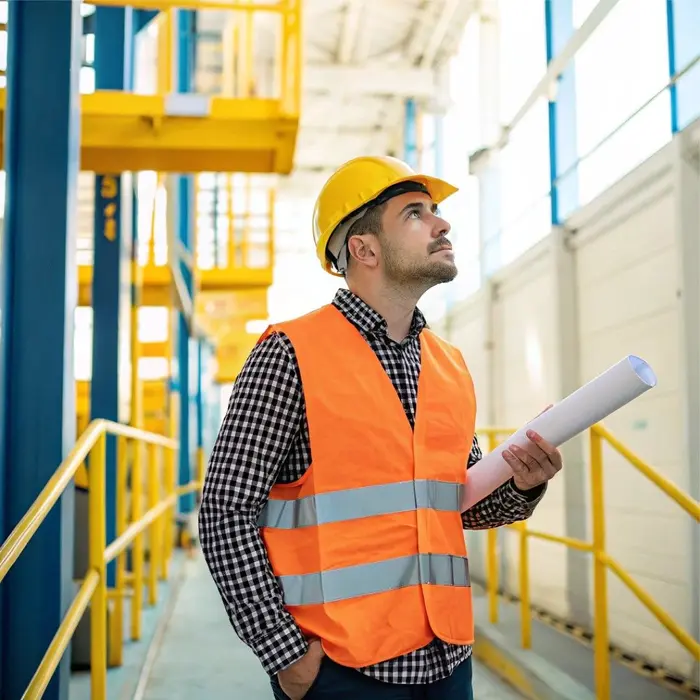 Un professionnel équipé d'un casque et d'un gilet de sécurité tient un plan sur un site industriel.