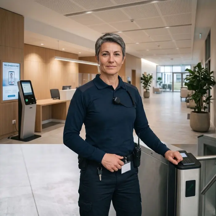 Une agente de sécurité en uniforme bleu marine contrôle l'accès d'un bâtiment moderne avec rigueur.