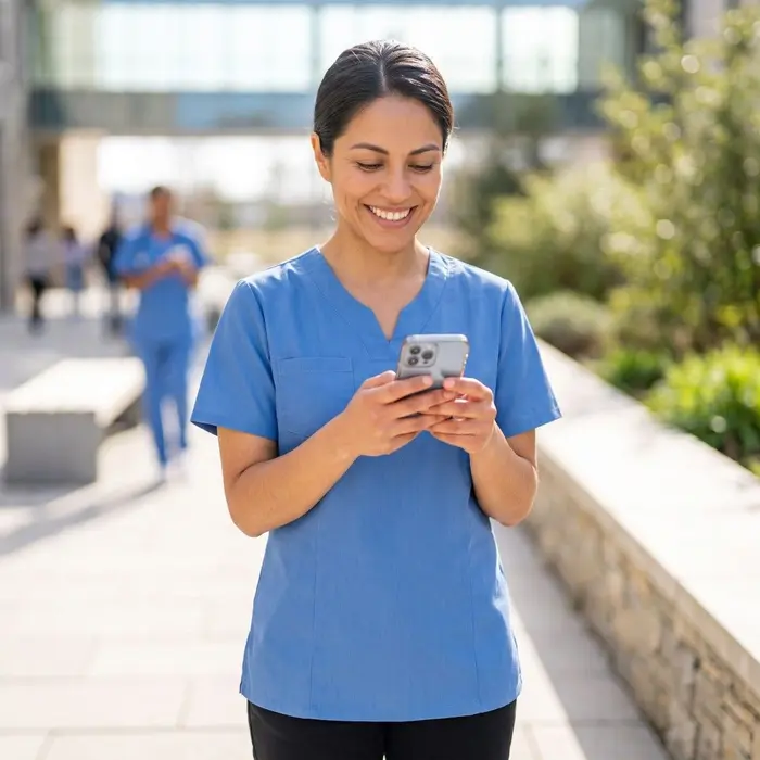 Une soignante en blouse bleue sourit en consultant son smartphone à l'extérieur.