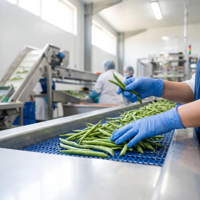 Un opérateur trie des haricots verts sur une ligne de production agroalimentaire.
