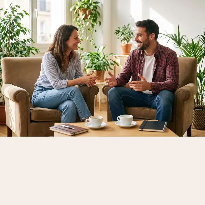 Une conseillère et un candidat échangent chaleureusement lors d'un entretien d'accompagnement personnalisé.