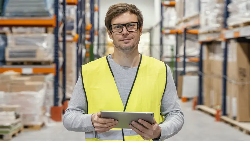 Un magasinier équipé d'un gilet de sécurité jaune tient une tablette au milieu d'un entrepôt.
